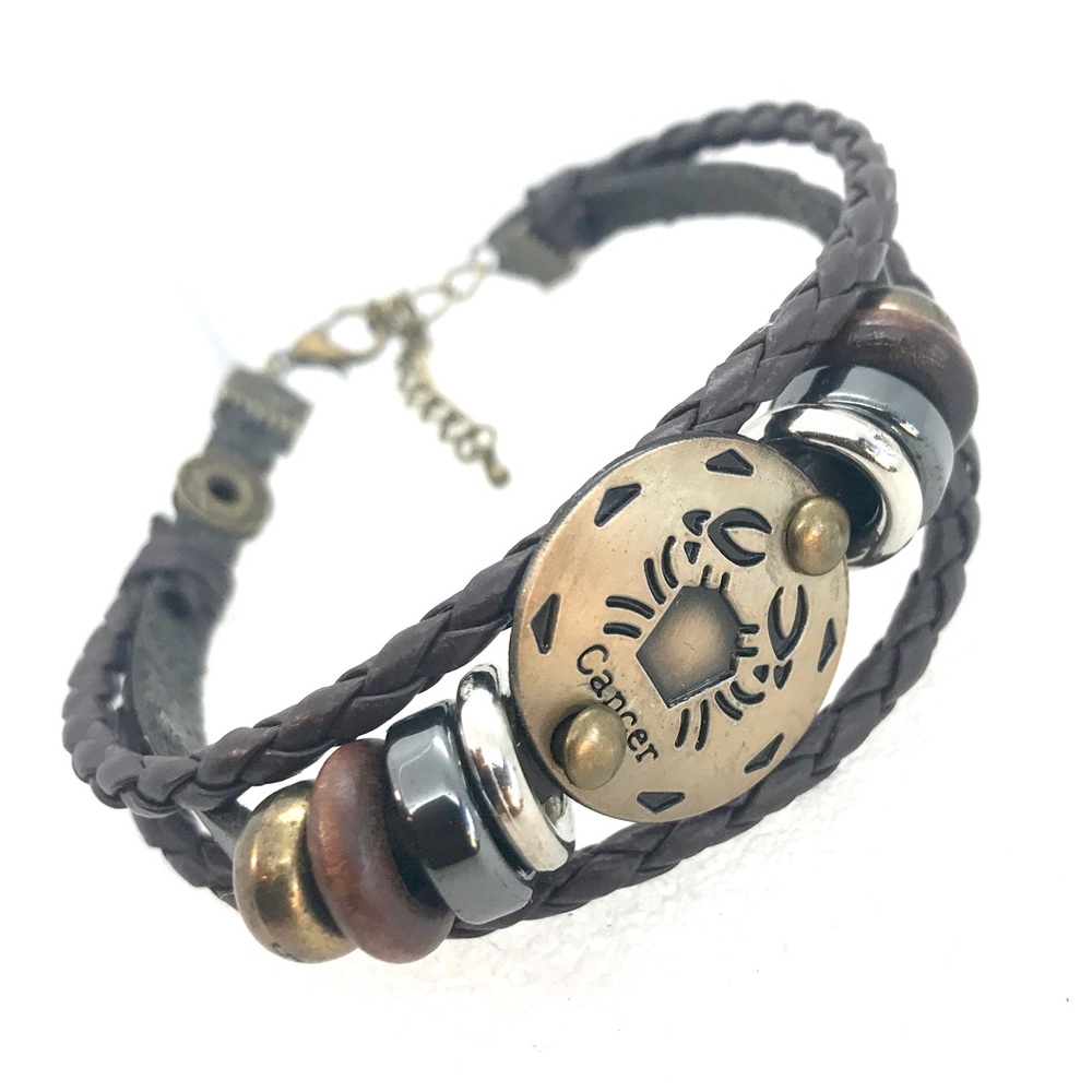 Leather bracelet Cancer Zodiac with charms adjustable lobster clasp